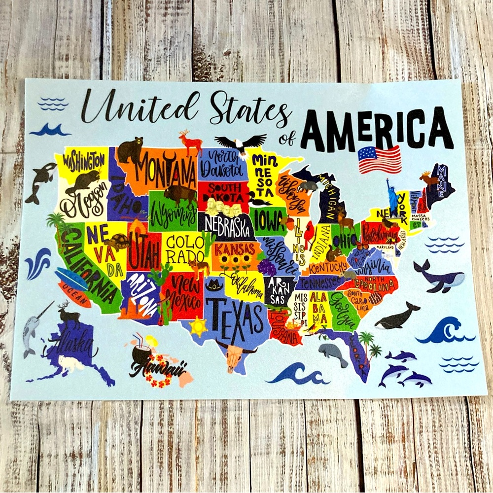 NEW Artistic USA Map Placemat Cute Cartoon Colorful Graphic Design for Kids